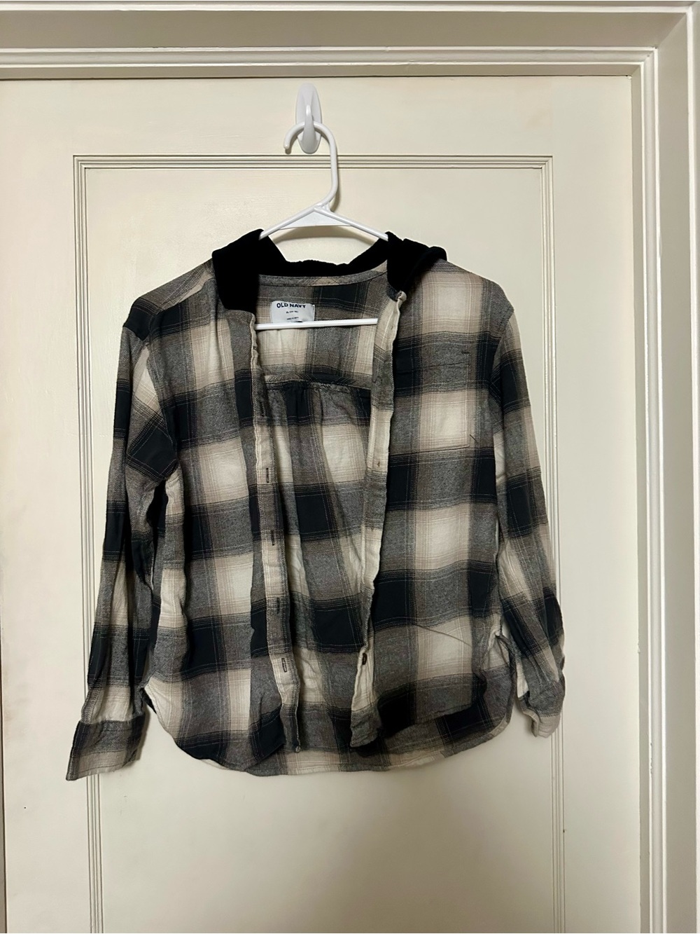 Girl’s Black & White Plaid Hooded Button-Up Shirt